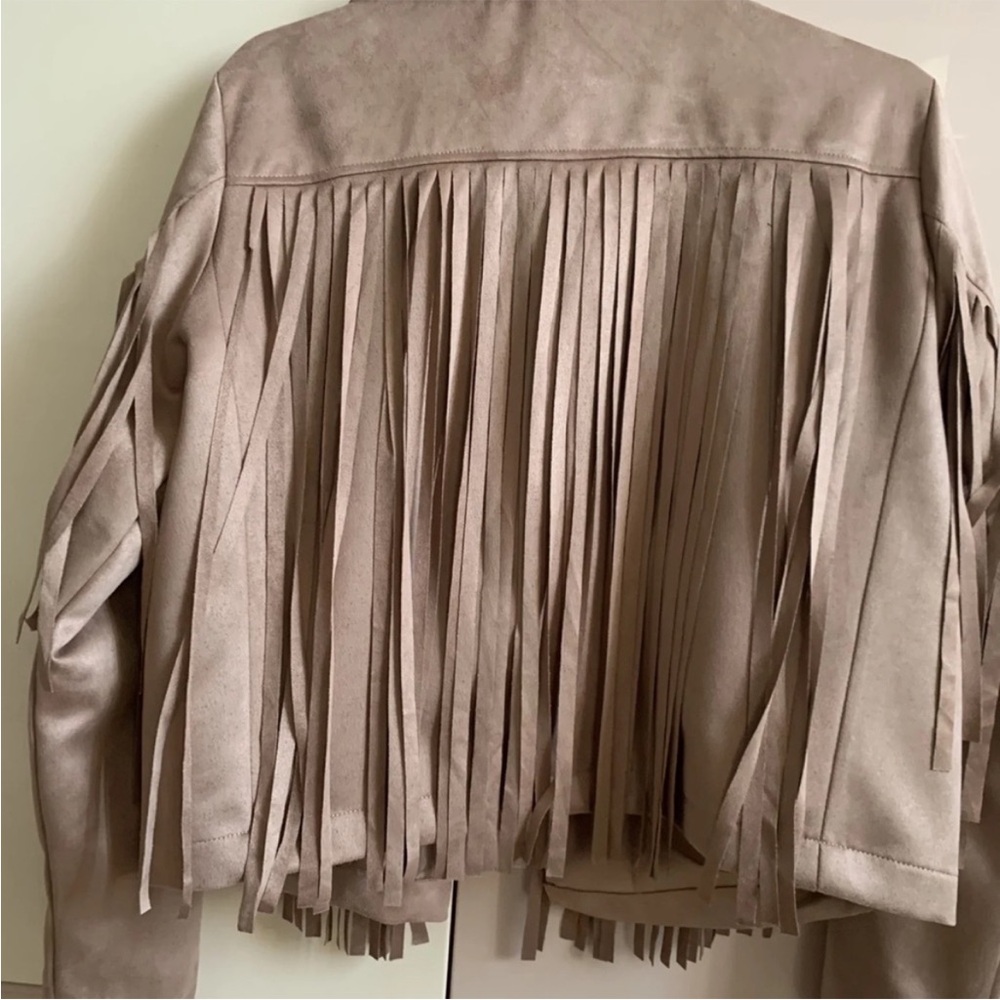 Fringed faux Suede Crop boho festival Jacket women  - Tan - Picture 3 of 4